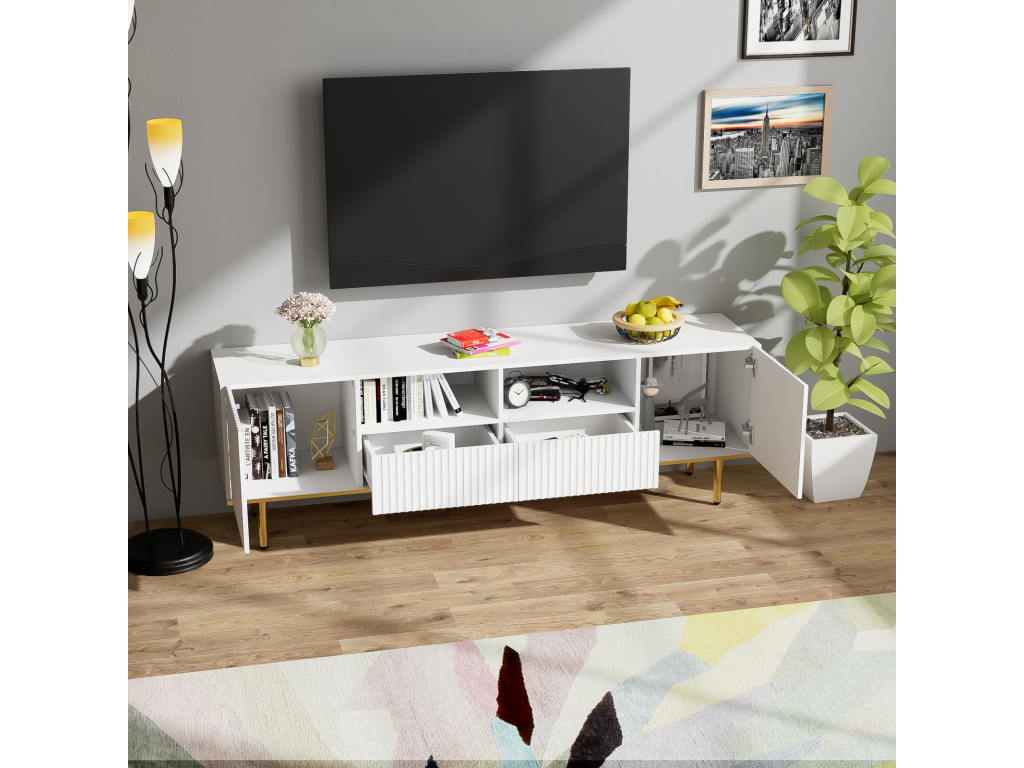 TV stand 165x36x55cm with 2 doors, 2 drawers and 2 compartments, gold legs and gold trim, White IJVL55133