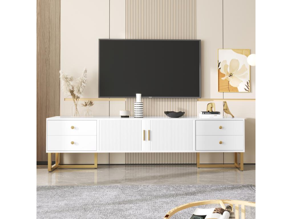 TV stand 175x30x46cm with low panel, textured door, drawers, gold handles and gold legs, white IOZU99328