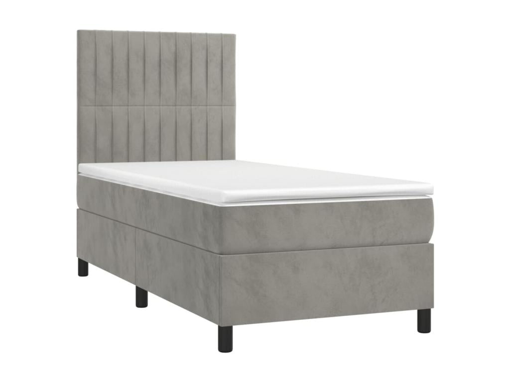 Upholstered bed base and mattress, light grey, 100x200cm, velvet, GIID08302