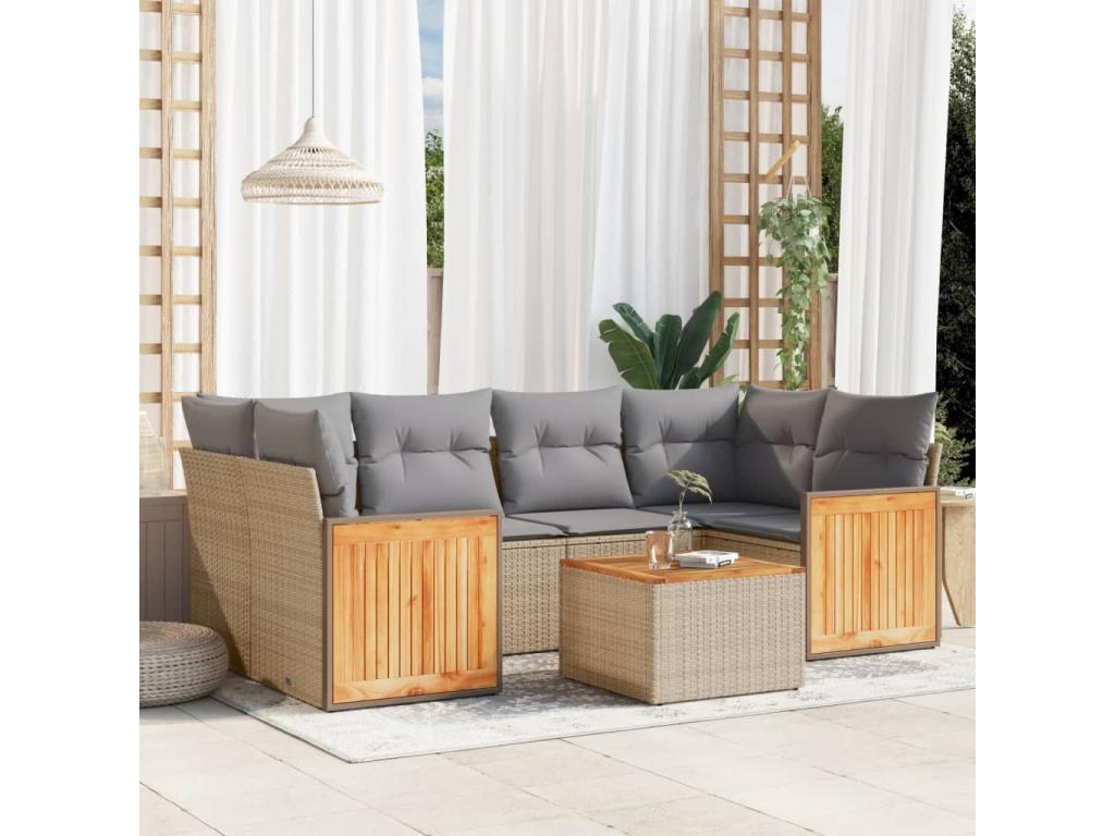 7-piece garden furniture set with cushions, beige woven resin EILC63150