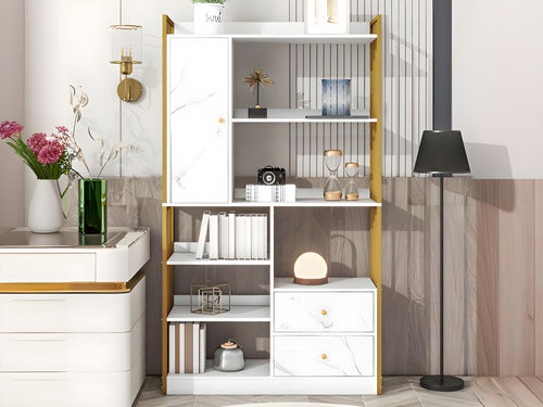 Bookcase with 5 shelves, 1 door and 2 drawers - industrial style - White / Gold NBFR72232