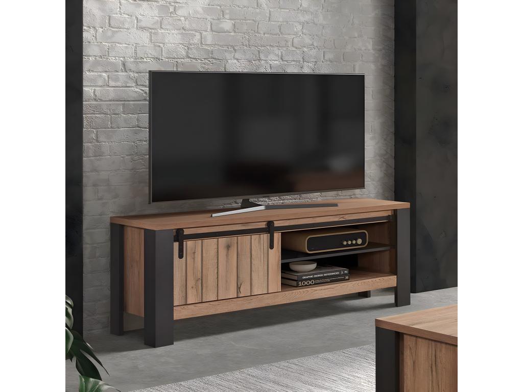 Chicyla - TV Unit with 1 Sliding Door, 2 Shelves, Metal and Wood Effect Finish, Chicyla SSQO35718