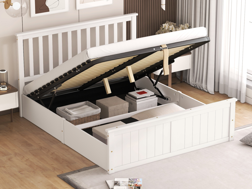 140x200 cm Wooden Storage Bed with Headboard - Chicyla Slatted Base and Storage - White MPEB13949