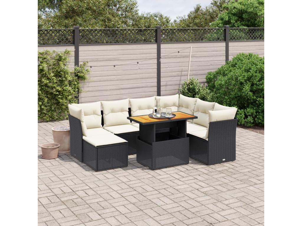 8-piece garden furniture set with cushions, black woven resin FYDM17311