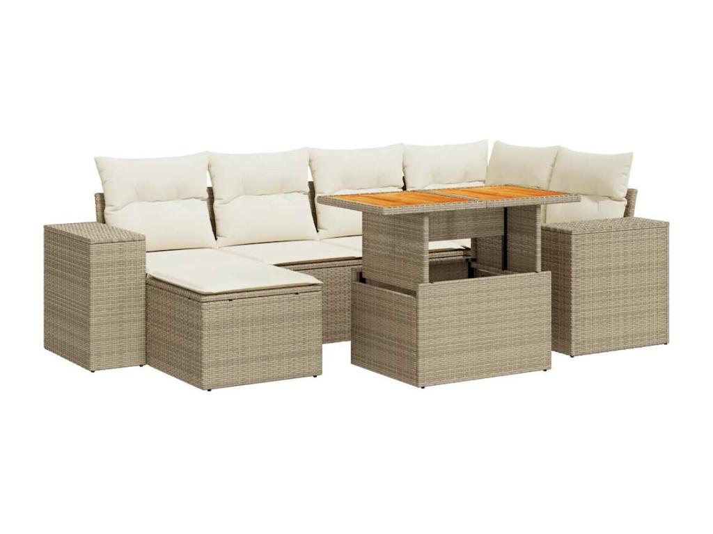 7-piece garden furniture set with cushions, beige woven resin FOWT55656