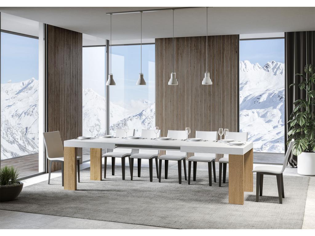 Extendable rectangular table in white and light wood, 180 to 440cm, Domopure - 4-legged stand VJWW41279