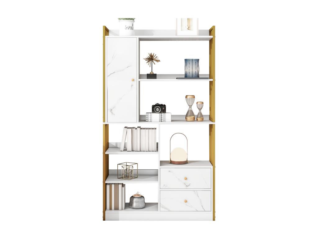 Bookcase with 5 shelves, 1 door and 2 drawers - industrial style - White / Gold NBFR72232