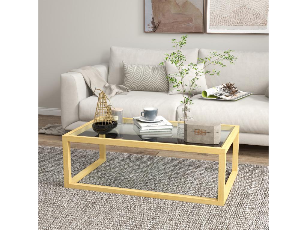 Contemporary design coffee table with tempered glass top and rubberwood base FDQW94243
