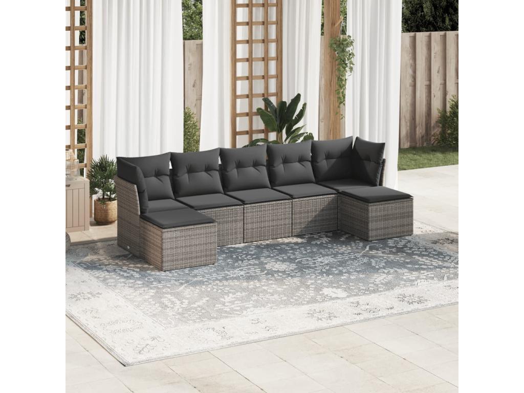 Garden furniture set with cushions, 7 pieces, grey woven resin CZJO07045
