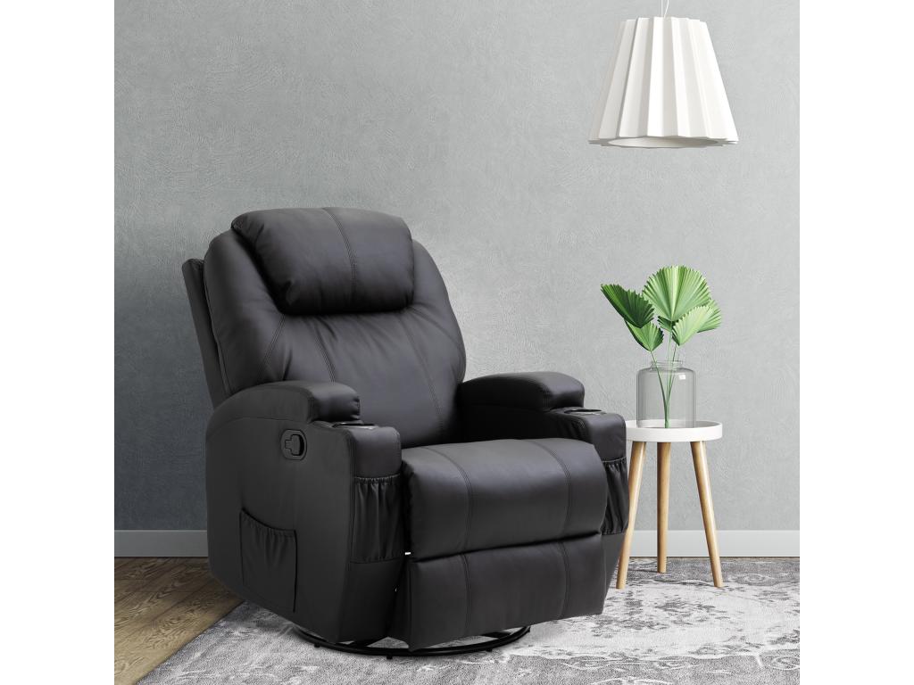 Luxury relaxation and massage armchair with reclining backrest, adjustable footrest, and black synthetic upholstery NWGE83229