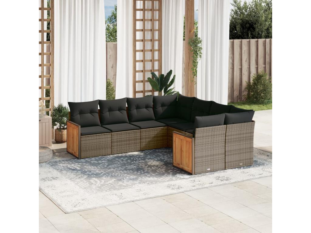8-piece garden furniture set with grey resin wicker cushions