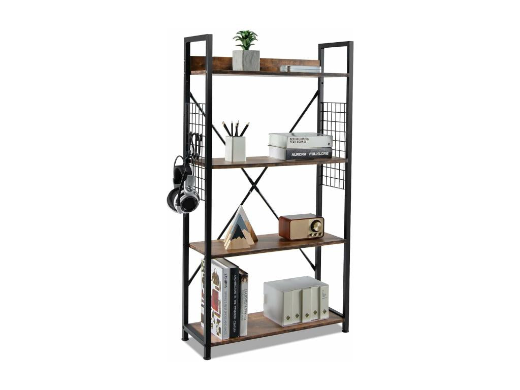 Industrial 4-tier shelving unit with rustic brown S-shaped hooks CXRX22483