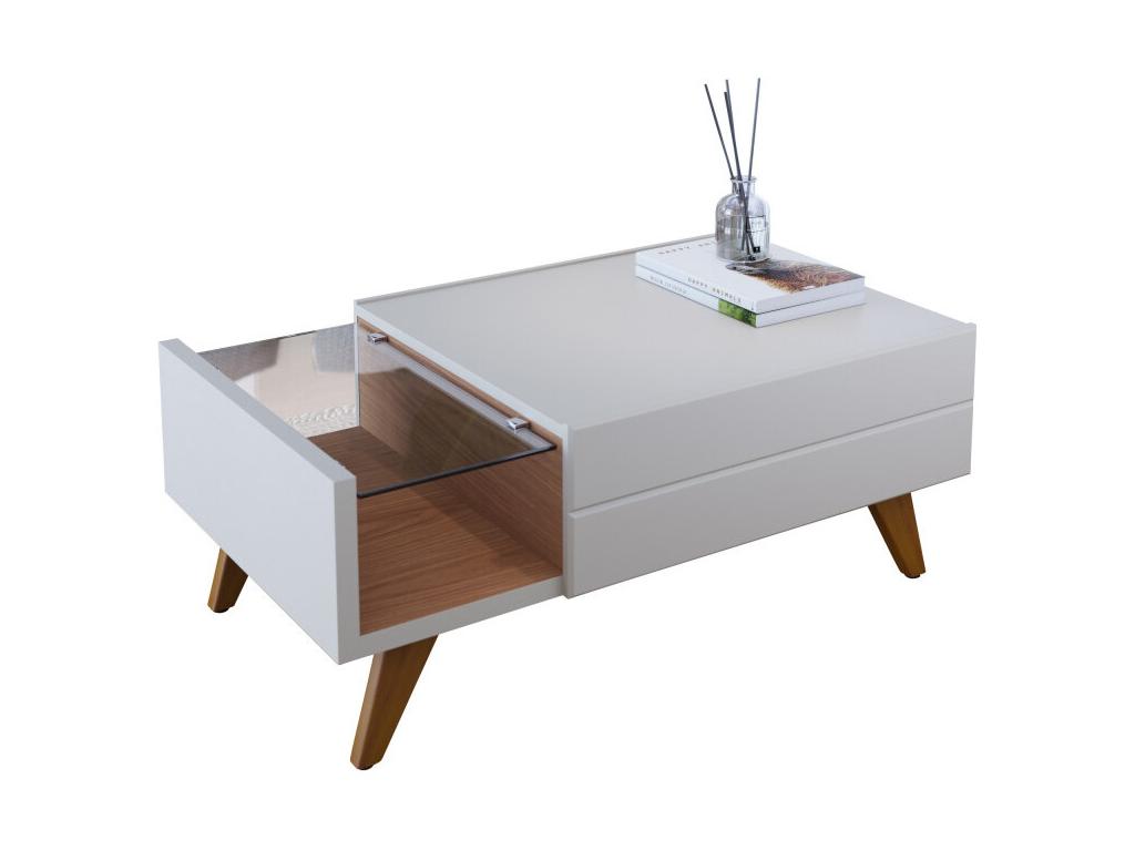 Coffee Table with 1 Drawer, 1 Niche, and 4 Legs, White and Oak Wood, W 90 H 35.6 D 54 cm OPFO72436