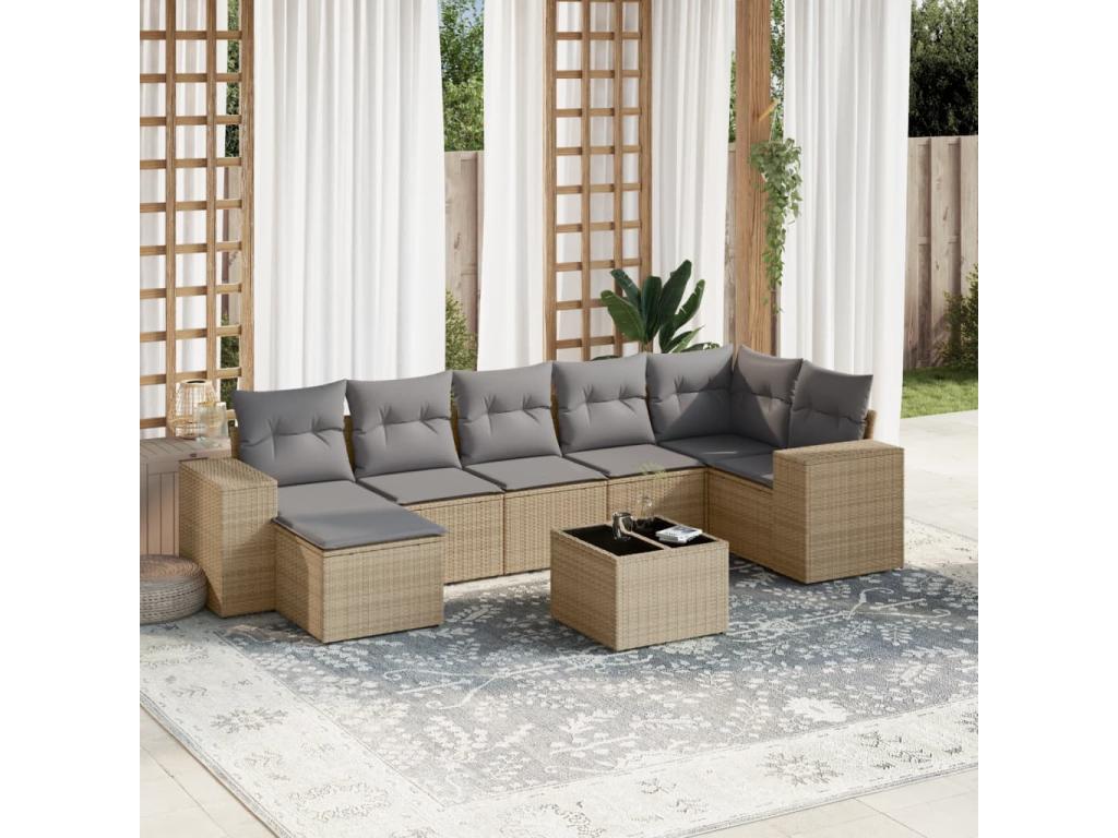 8-piece garden furniture set with cushions, beige woven resin EEUT83136