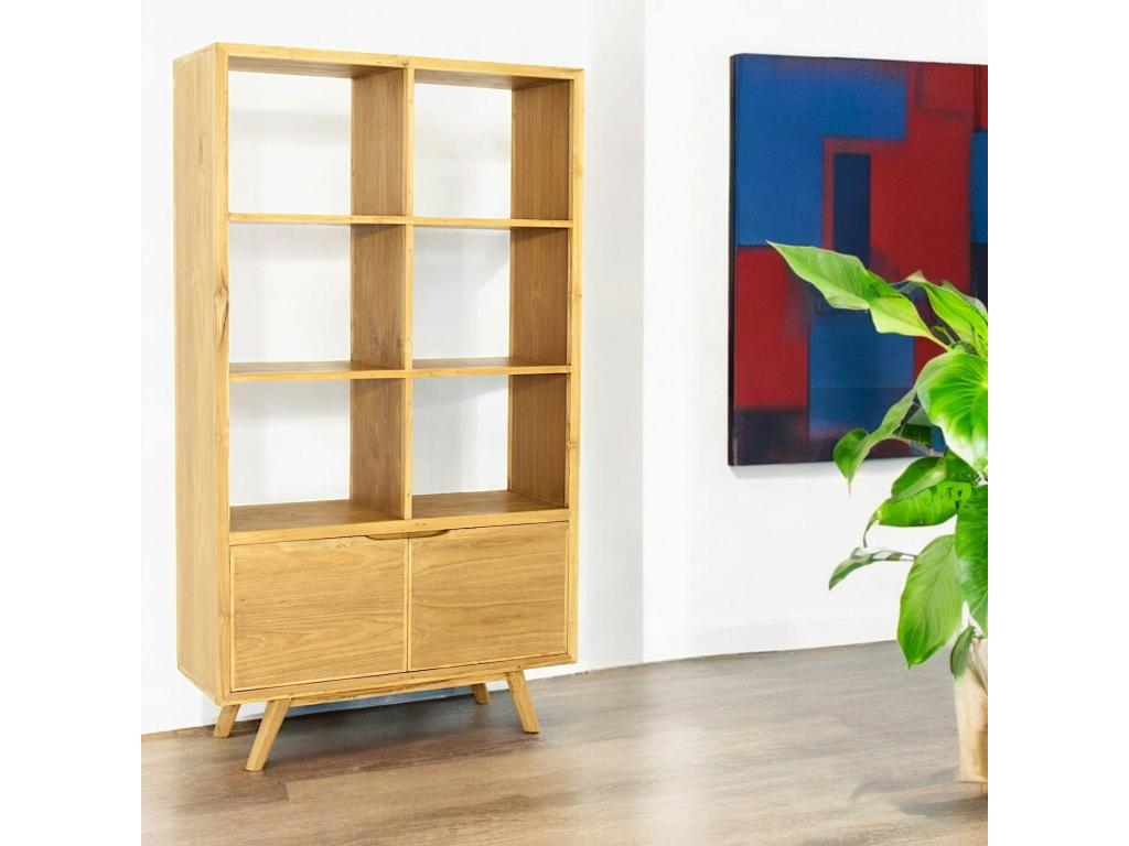 Natural solid teak bookcase with 2 doors and 6 shelves, 100x35x175cm, FIFTEES HEEA51022